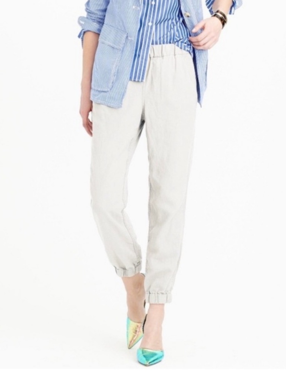 Beau Dawson White Flowy Linen Blend Jogger Pants L